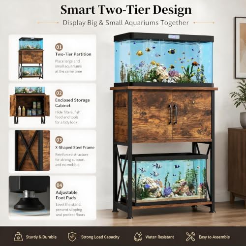 Herture 5-10 Gallon Fish Tank Stand, Metal Double Aquarium Stand with Cabinet for Fish Tank Accessories Storage, Heavy Duty 20.5" L* 11.02" W Tabletop, 500LBS Capacity Rustic Brown and Black PG06YGN