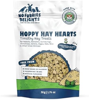 Treats, 100% All Natural Mini Bites for Rabbit Hamster Guinea Pig Chinchilla Pet Rat Mice Gerbil Bird, Healthy Enrichment Bonding Rewarding Training (Hoppy Hay Hearts 50g)