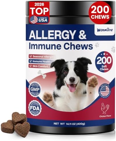 Dog Allergy Chews, Itchy Skin & Paw Licking Support, Probiotics for Dogs, Immune & Gut Health, Seasonal Allergy Formula, Skin & Coat Health, Chicken Flavor Soft Chews, 200 Ct, BlueRed