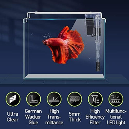 LAQUAL Rimless Glass Aquarium Starter Kit (3 Gal), Ultra Clear Low Iron Glass Fish Tank Set, Small Beta Fish Tank & Filter with Surface Skimmer & 3-Mode LED Light