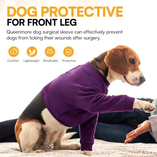 Queenmore Dog Surgery Recovery Sleeve for Front Leg, Breathable Dog Recovery Sleeves After Surgery, Cozy Long Sleeve Dogs Shirt, Alternative to Cone of Shame, Purple, XL