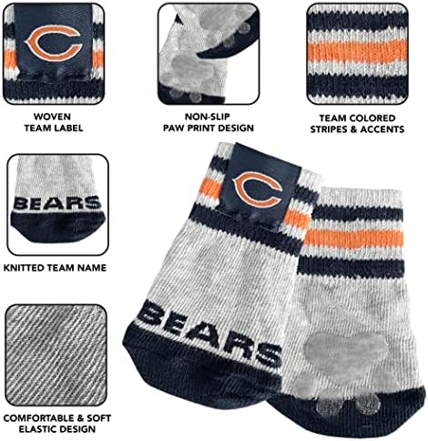 NFL Chicago Bears Anti Slip Dog Socks with Elastic Ribbed Top, Size X-Small/Small. Indoor/Outdoor Socks, Best Dog Paw Protector, 2 Pairs, Cool Puppy Supplies with NFL Logo of Bears Football Team