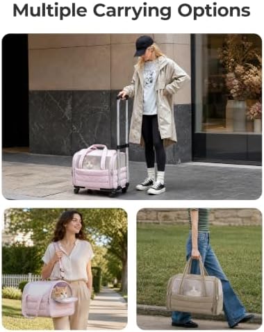 BAGSMART Rolling Cat Carrier with Wheels, Soft-Sided Pet Travel Bag, Pink