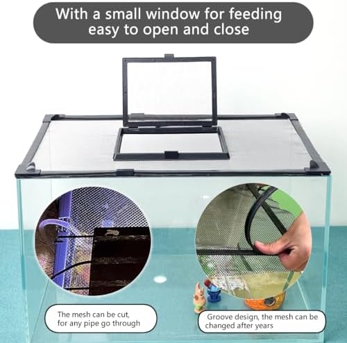 Magnetic Fish Tank Cover with Feeding Window Dark Grey Frame Grey Fiberglass Net,DIY Fish Tank Lid Adjustable Size Fit Tank Size Max 35''X19'' for Preventing Fish from Jumping Out and Reptile Escaping