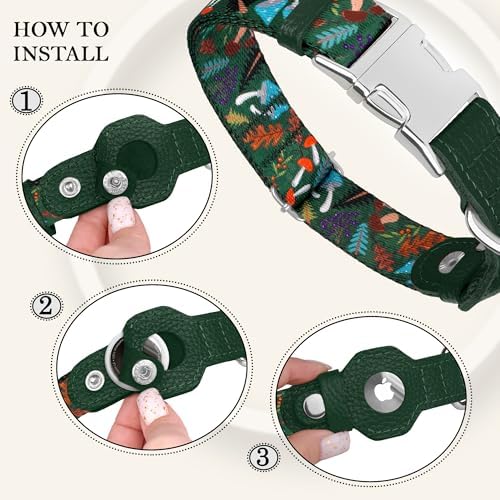 AirTag Dog Collar for Small Medium Large Breed - Adjustable Cute Pattern Dog Collar with Airtag Holder - Soft Leather Tracker GPS Apple Air Tag Pet Collars (Large, 17"-21" Neck Fit, Mushroom)
