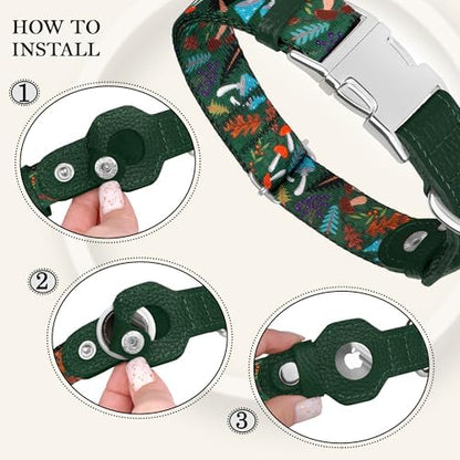 AirTag Dog Collar for Small Medium Large Breed - Adjustable Cute Pattern Dog Collar with Airtag Holder - Soft Leather Tracker GPS Apple Air Tag Pet Collars (Large, 17"-21" Neck Fit, Mushroom)