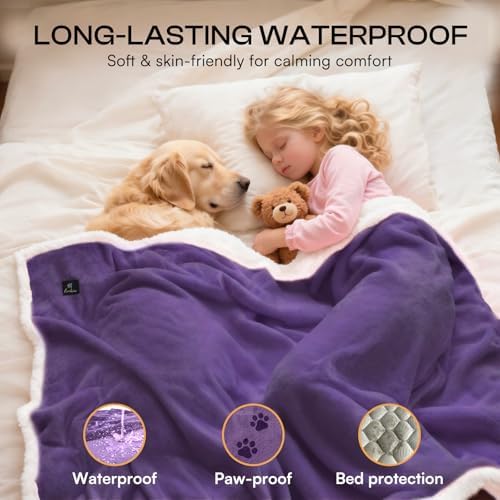Luciphia Waterproof Bed Blanket Washable,Soft Sherpa Fleece Puppy Reversible Throw Blankets for Medium Large Dog Cat,Furniture Cover Protector Couch from Liquid Pee and Pet Fur,Purple White,65" x 57"