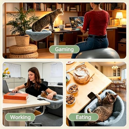 Cat Desk Bed - Support up to 40lbs with Heavy Duty Steel Clamp, Sunken Cat Hammock, One-Click Foldable & Machine Washable Cat Side Table