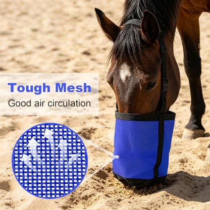 Horse Feed Bag for Grain, Breathable Muzzle Feed Bags for Horses, Universal Mesh Feedbag for Feeding Grain, Anti-Spill Design Feeder, Durable Nose Bag with Solid Bottom (Blue)