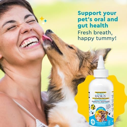 RADIUS OralPro+ Pet Probiotic Enzymatic Water Additive - Dog and Cat Dental Care Solution - Plaque & Tartar Defense Meal Supplement - Fresh Breath & Gut Health - Calming Vanilla, 4 Oz (Pack of 2)