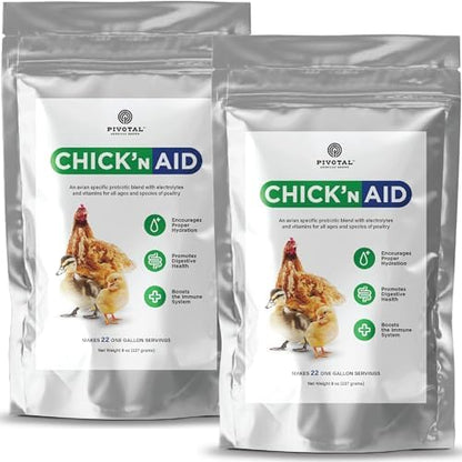 Pivotal Feeds Chick’n Aid Poultry Supplement 8 oz (Pack of 2) – Electrolytes, Probiotics & Vitamins for Chickens, Ducks & Turkeys | Supports Hydration, Gut Health & Immune Function | Made in USA