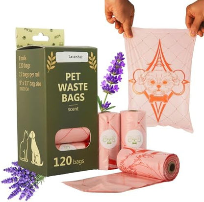 Thick Dog Poop Bags Rolls, Leak-Resistant Pet Waste Bags, 120 Count (8 Rolls), 9x13 in Large, Lavender Scented, Fits Most Dispensers, Pink