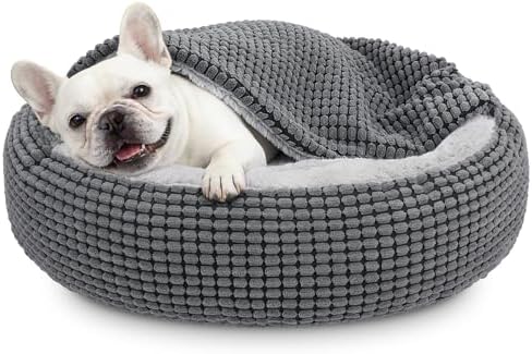 Dog Bed with Attached Blanket for Small Dogs or Cats, Soft Plush Cozy Donut Cuddler Hooded Pet Beds Washable. Round Puppy Bed Orthopedic, Calming Cat Cave Bed. Anti-Slip Bottom 26inch