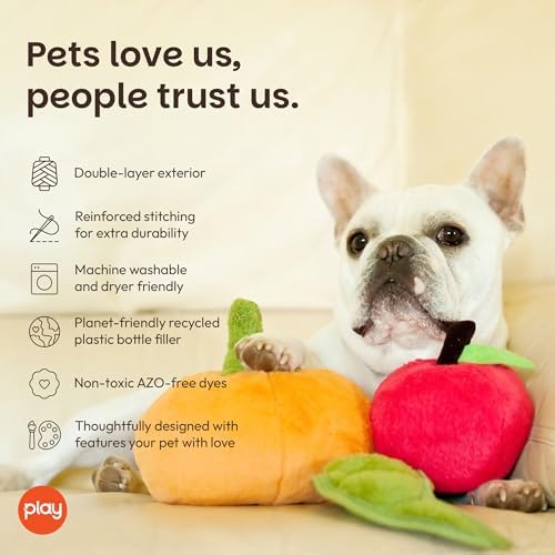 P.L.A.Y. Cute Plush Dog Toys - Fruit & Vegetable Themed Durable Squeaker Chew Toy, Great for Puppies & Small, Medium, Large Dogs - Machine Washable, Recycled Materials (Garden Fresh Peapod, X-Small)