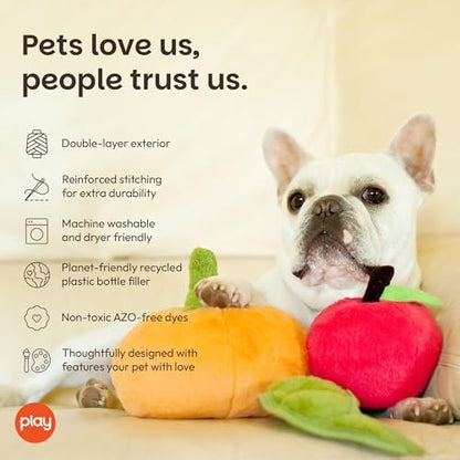 P.L.A.Y. Cute Plush Dog Toys - Fruit & Vegetable Themed Durable Squeaker Chew Toy, Great for Puppies & Small, Medium, Large Dogs - Machine Washable, Recycled Materials (Garden Fresh Peapod, X-Small)