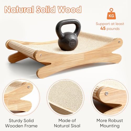 Natural Sisal Cat Scratcher Bed with Hammock – Solid Wood Furniture Style, Extra Large Cat Lounger & Scratch Pad for Indoor Cats, Protects Furniture