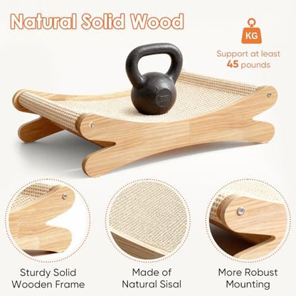 Natural Sisal Cat Scratcher Bed with Hammock – Solid Wood Furniture Style, Extra Large Cat Lounger & Scratch Pad for Indoor Cats, Protects Furniture