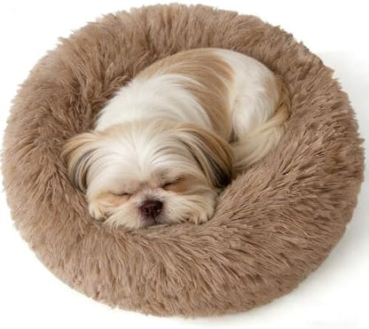Calming Donut Dog Beds for Small Dogs Cats - Washable Removable Cover Non-Slip Bottom, Round Pet Bed Puppy Bed Warming Fluffy Faux Fur Anti-Anxiety, Fits up to 25 lbs (Camel, 23")