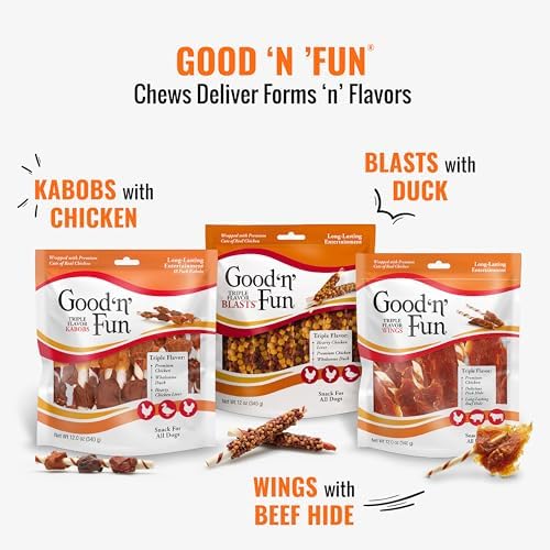 Good 'n' Fun Triple Flavor Wings Chews for All Dogs, 12 Ounces, Treat Your Dog to Long-Lasting Chews Made from Chicken, Pork Hide and Beef Hide (3-Pack)