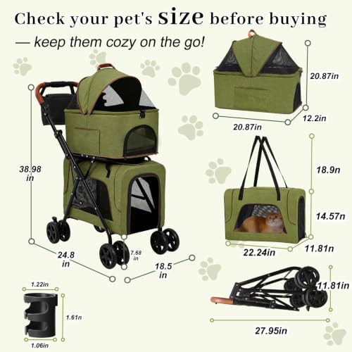 Double Pet Stroller, Foldable Dog Stroller with Detachable Carriers