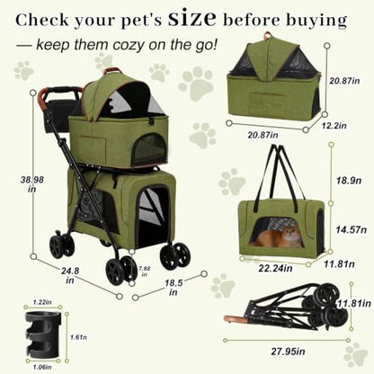 Double Pet Stroller, Foldable Dog Stroller with Detachable Carriers