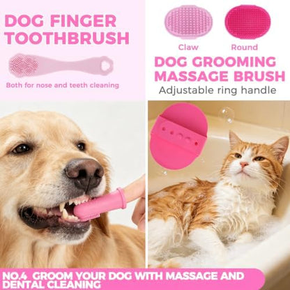 PAWCHIE Bath Grooming Kit for Pets, 9 PCS Hair Brush Set with Towel,Washing Gloves,Bath Brush and Adjustable Handle Shampoo Brush & Scrubber for Short Long Haired Dogs and Cats,Dog Bath Supplies, Pink
