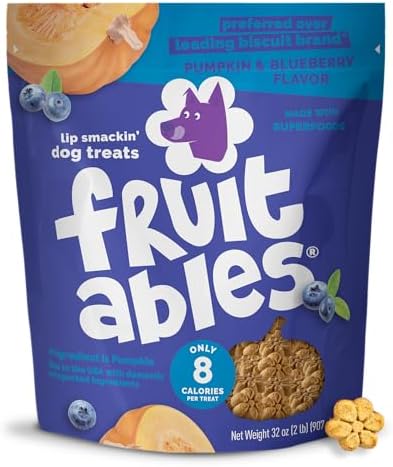 Fruitables Baked Dog Treats, Healthy Pumpkin Treat for Dogs, Low Calorie & Delicious, Made Without Wheat, Corn and Soy, Made in the USA, Allergy Friendly, Pumpkin and Blueberry Flavor, 32 oz