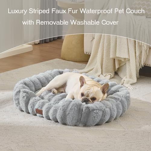 Luxury Dog Beds,Large Sized Dog Washable Furry Pet Beds,Comfort Rectangle Pet Sofa Couch with Ultra,Puppy Beds with Removable Zipper Cover,40x30x7.5inches,Light Gray