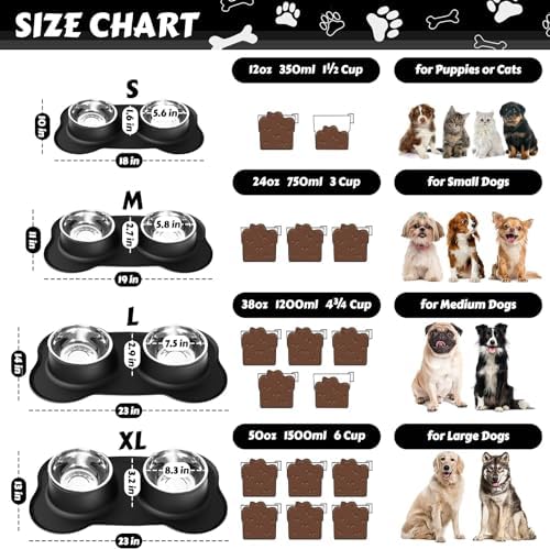 AsFrost Dog Food Bowls Stainless Steel Dog Bowls, Dog Food and Water Bowl Set with No Spill Non-Skid Silicone Mat, Dog Dishes for Small Medium Large Sized Dogs Pet Cat Food Bowls, 6 Cup, Black