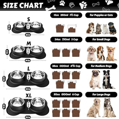 AsFrost Dog Food Bowls Stainless Steel Dog Bowls, Dog Food and Water Bowl Set with No Spill Non-Skid Silicone Mat, Dog Dishes for Small Medium Large Sized Dogs Pet Cat Food Bowls, 6 Cup, Black