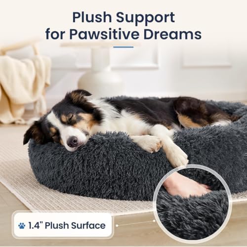 JOLLYVOGUE Calming Washable Dog Beds Large Sized Dog, 36Inch Donut Large Dog Bed with Removable Cover, Anti-Slip Round Fluffy Faux Fur Bed, Fits up to 80 lbs Pets, Dark Grey