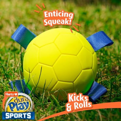 Hartz Dura Play Sports Soccer Dog Toy, Bacon Scented Squeaky Latex Yellow & Blue Toy, 3 Count