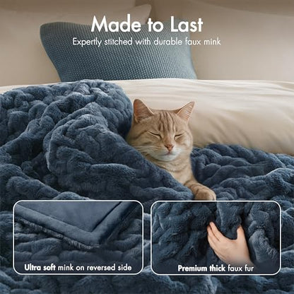 Madison Park Ruched Fur Throw Faux Fur Blanket, 50" x 60", Slate Blue