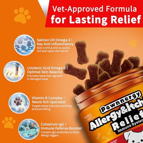 Dog Allergy & Itch Relief Chews - Salmon Oil Omega-3, Omega-6, Vitamin B1/B2/B6, Colostrum Probiotics Supplement for Seasonal Allergy, Hot Spots, Paw Licking, Scratching, 98 Soft Chews