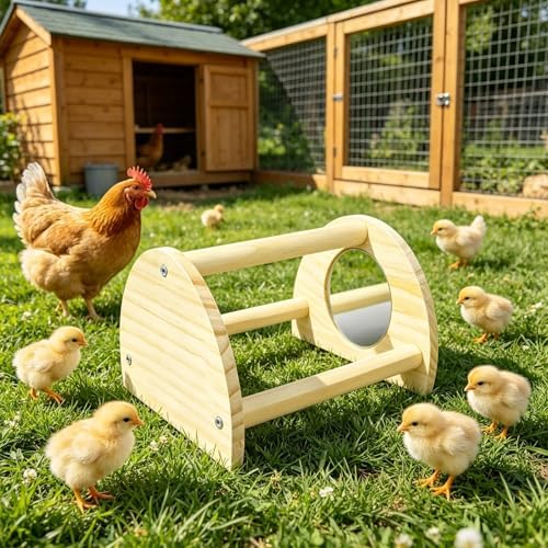 Pine Chicken Perch with Mirror, Strong Chick Jungle Gym Roosting Bar, Chicken Toys for Coop and Brooder, Training Perch Toys for Large Bird, Parrot, Macaw, Hens (Small)