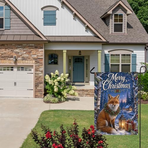 Merry Christmas House Flag 28x40 Inch Red Fox Pine Wreath Lantern Gift Snowy Birch Forest Rustic Winter Outdoor Yard Lawn Front Porch Welcome Double Sided Banner Decor