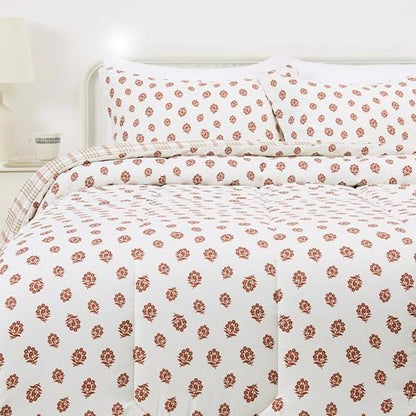 Amazon Basics Lightweight Microfiber Comforter Set, 3-Piece, Full/Queen, Off White Floral