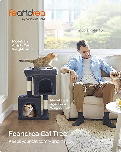 Feandrea Cat Tree, 26.4-Inch Small Cat Tower, Cute Plush Condo, Smoky Gray