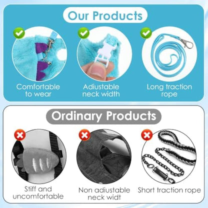 Ferret Harness and Leash Set Small Animals Vest Harness with Safe Bell Dinosaur Shaped Leash Set for Baby Rabbit Guinea Pig Teacup Chihuahua Mouse and Other Small Pet (Blue)