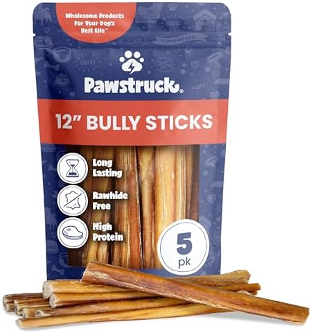 Pawstruck 12" Bully Sticks 100% Natural Beef Dog Chew, Long Lasting, 5 Pack
