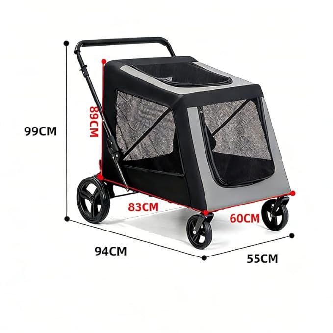 Extra Large Dog Stroller for Large Dogs Up to 130 lbs, Heavy Duty Pet Stroller with Breathable Mesh, Easy Fold Travel Pet Cart with Cup Holder, Adjustable Handle, Secure Safety Belts
