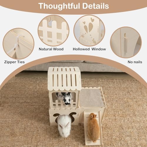 Extra Large Rabbit Castle, Wooden Bunny House & ,Detachable Rabbit Hideaway, Indoor Hamster Castle with Ramp, Small Animal Houses & Habitats for Guinea Pig Chinchilla Ferret(3 House with Sisal Mat)