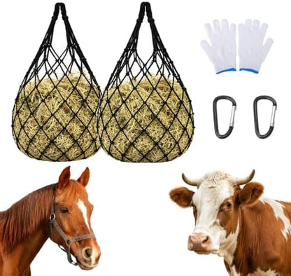 Hay Bags for Horses 2 Pack, 40 Inch Slow Feed Hay Net for Goats Sheep Livestock, Durable Mesh Hay Feeder Bag with Carabiners & Gloves, Hanging Hay Nets for Stall Trailer Pasture