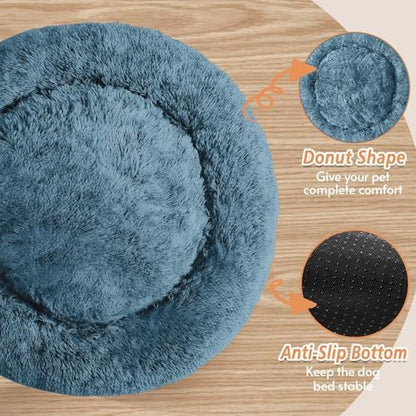 JOLLYVOGUE Calming Dog Bed Medium Size Dog, 31in Donut Washable Medium Pet Bed, Anti-Slip & Anti-Anxiety Fluffy Faux Fur Round Dogs Bed, Fits up to 45 lbs Pets (Blue)