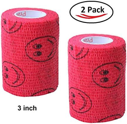 2 Pack Premium Vet Wrap - Self Adhesive Bandage Wrap & Athletic Tape- 4" x 5 Yards Elastic & Self-Sticking Cohesive Bandage for Pets, Sports, Wrists, & Ankles - Red with Smiles by Prairie Horse Supply