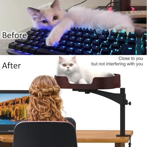 Cat Desk Bed, Adjustable Up and Down and 360° Rotatable for Elevated Pet Habitat in The Home&Office - Space-Saving, Comfortable Litter, Pet Mat and Removable Indoor Cat Mat