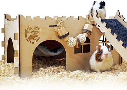SoulThink® Large Guinea Pig Hideout & House - Easy to Assemble Wooden Guinea Pig Castle with Hammock, Ramp and Toys Accessories Habitat Suitable for Hamsters and Chinchilla