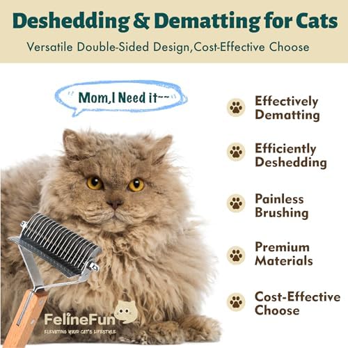 FelineFun Cat Brush for Dematting & Deshedding, 2 in 1 Undercoat Rake, Efficiently Remove Loose Hair & Matted Fur, Professional Shedding Comb for Indoor Cats & Long Haired Cats