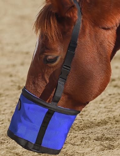 Harrison Howard Horse Muzzle Feed Bag Nylon Mesh Grain Feed Bag with Padded Neck Strap Adjustable Belt Dark Blue Medium