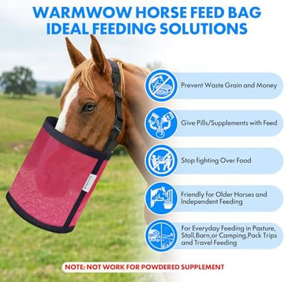 Horse Feed Bag Pack of 2 (Reinforced Bottom Edging), Feed Bags for Horses with Ventilation Mesh, Comfort Nose Pad Neck Pad, Adjustable Strap, Spill Proof Design for Feeding Grain, Supplements